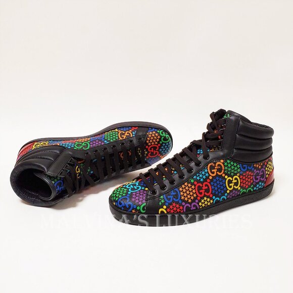 GUCCI SNEAKERS PSYCHEDELIC HIGH GG LOGO SUPREME CANVAS LEATHER SHOES sz 8.5G 9 - Picture 4 of 15